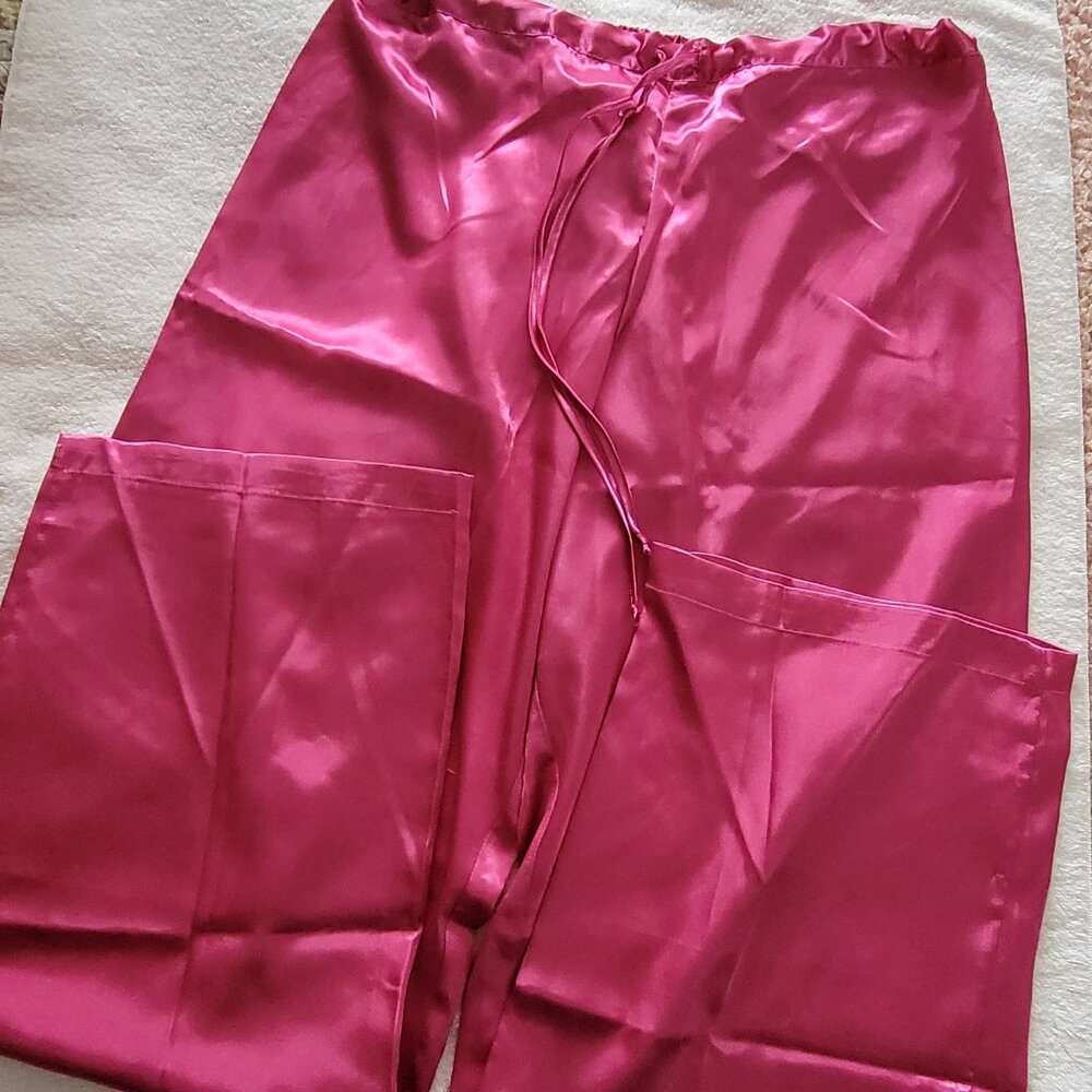 NWOT 3-Piece Pink Satin Pajama: Wraparound Top, Shorts, Pants - Picture 9 of 10